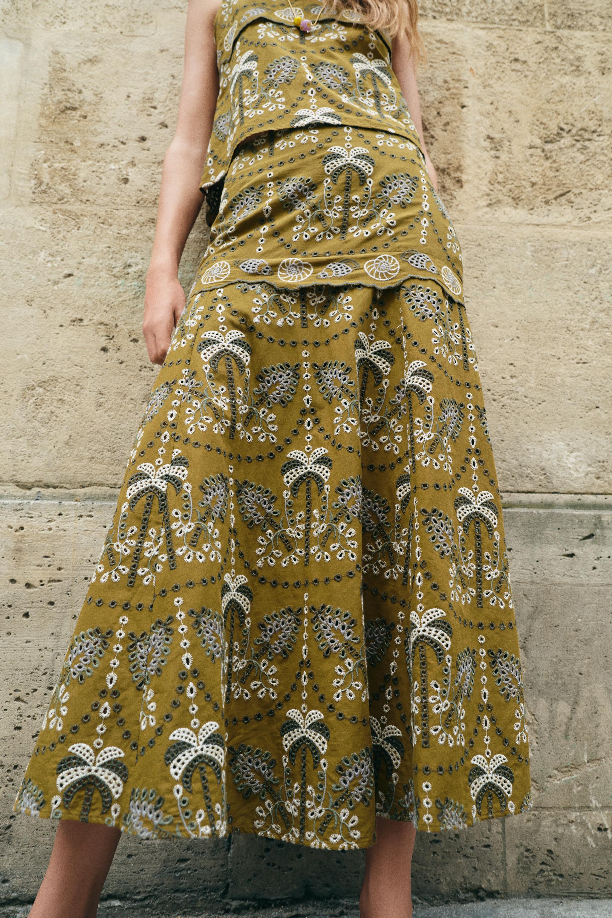 EMBROIDERED EYELET MIDI SKIRT